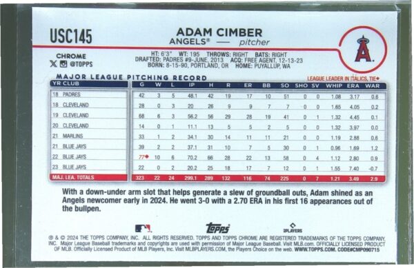 2024 Topps Chrome Update Adam Cimber Negative Refractors #USC145 Angels - Image 3