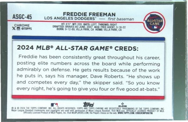2024 Topps Chrome Update Freddie Freeman #ASGC-45 Dodgers 2024 All Star Game - Image 3