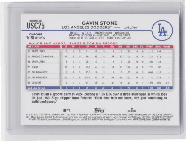 2024 Topps Chrome Update Gavin Stone #USC75 Dodgers - Image 3