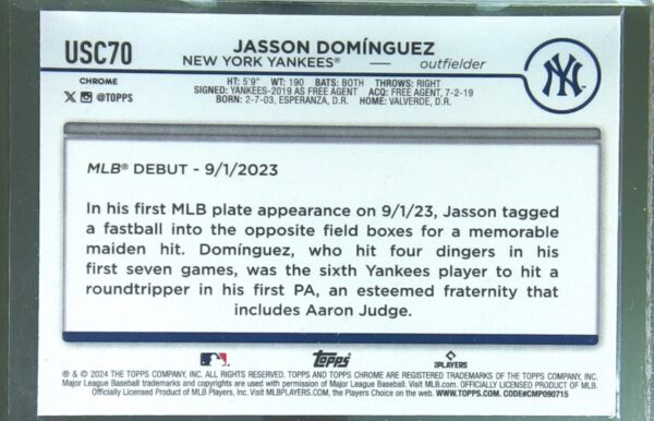 2024 Topps Chrome Update Jasson Domínguez X Fractors RC #USC70 Yankees - Image 3