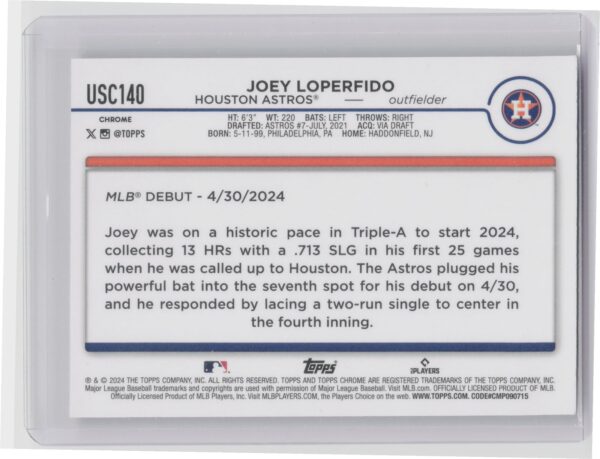 2024 Topps Chrome Update Joey Loperfido X Fractors RC #USC140 Astros - Image 3