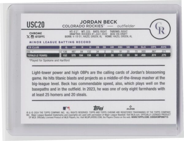 2024 Topps Chrome Update Jordan Beck X Fractors RC #USC20 Rockies - Image 3