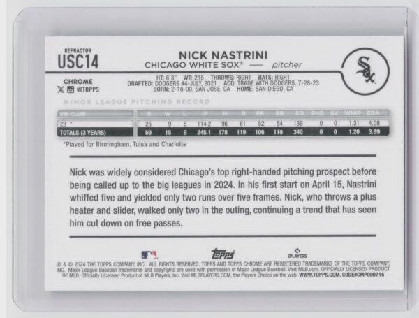 2024 Topps Chrome Update Nick Nastrini RC #USC14 Sox - Image 3