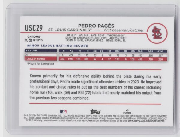 2024 Topps Chrome Update Pedro Pages Refractors #USC29 Cardinals - Image 3
