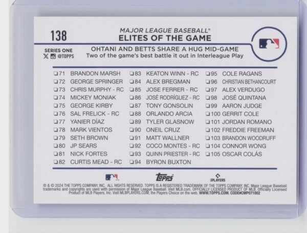 2024 Topps Elites of the Game: Ohtani and Betts Share a Hug Mid-Game #138 Angels - Image 3