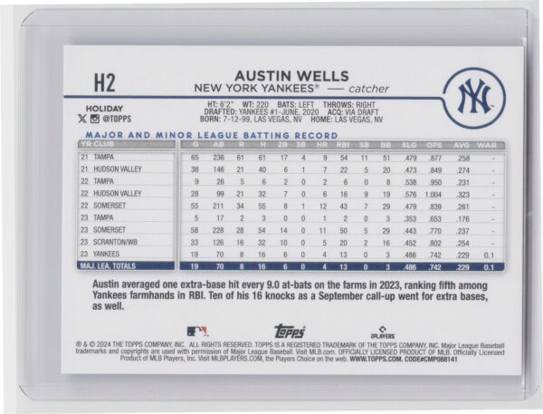 2024 Topps Holiday Austin Wells Rookie H2 Yankees - Image 3