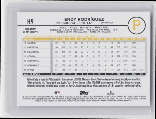 2024 Topps Holiday Endy Rodriguez RC #H9 Pirates - Image 3
