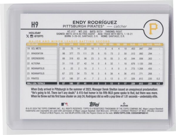 2024 Topps Holiday Endy Rodriguez Rookie H9 Pirates - Image 3