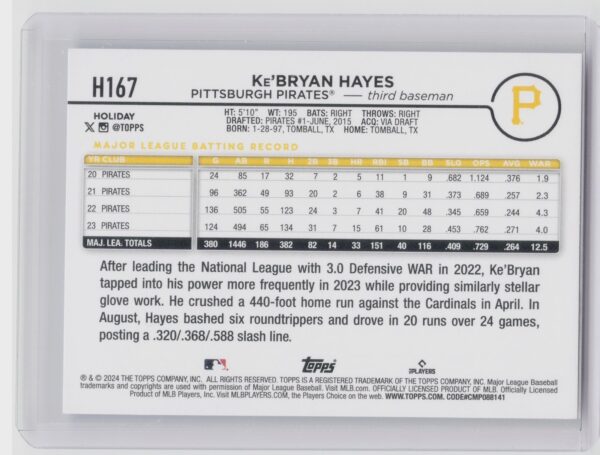 2024 Topps Holiday Ke'Bryan Hayes #H167 Pirates - Image 3