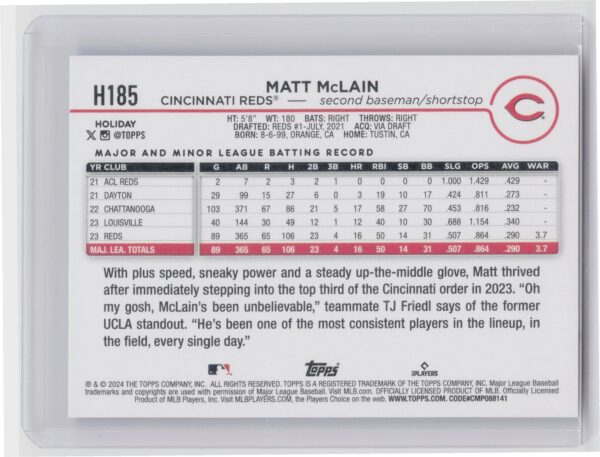 2024 Topps Holiday Matt Mclain H185 Reds - Image 3