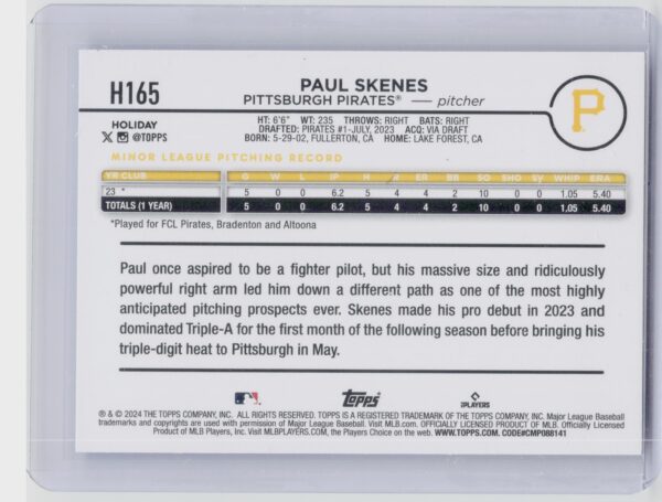 2024 Topps Holiday Paul Skenes RC #H165 Pirates - Image 3