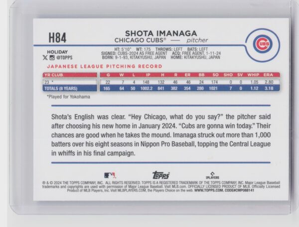 2024 Topps Holiday Shota Imanaga RC #H84 Cubs - Image 3