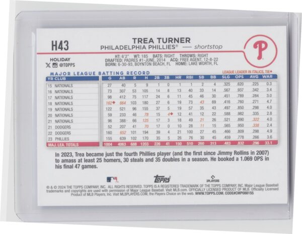 2024 Topps Holiday Trea Turner SP VAR #H43 Phillies - Image 3