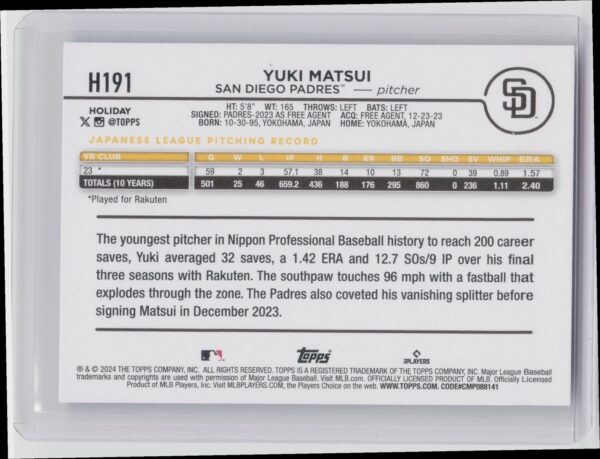 2024 Topps Holiday Yuki Matsui RC #H191 Padres - Image 3