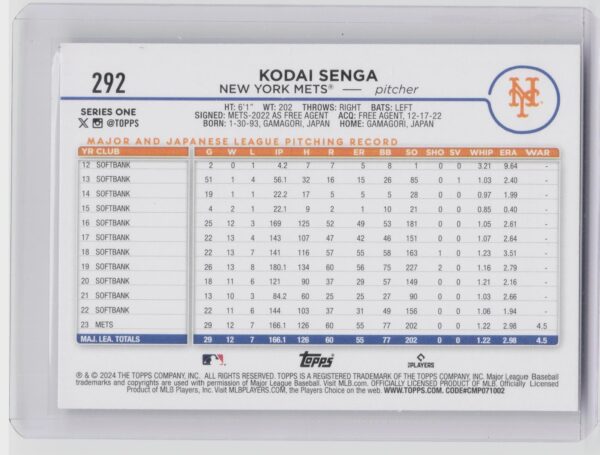 2024 Topps Kodai Senga #292 Mets - Image 3