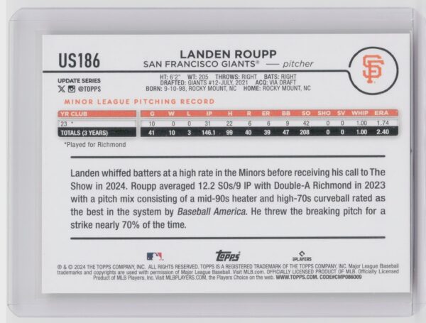 2024 Topps Landen Roupp US186 Giants - Image 3