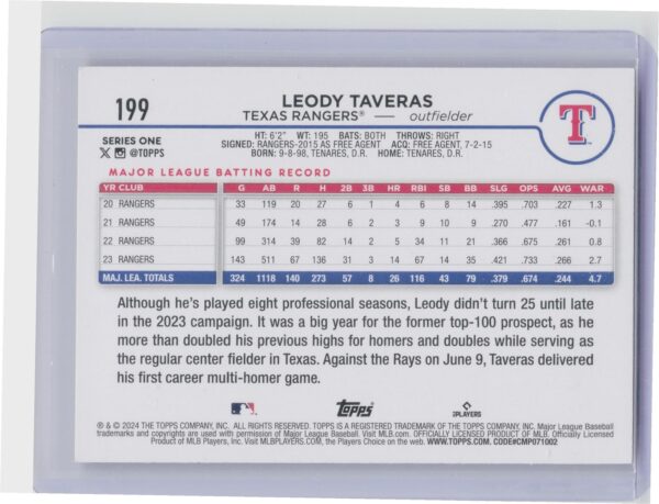 2024 Topps Leody Taveras Yellow Foil #199 Rangers - Image 3