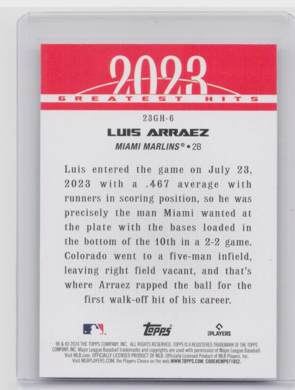 2024 Topps Luis Arraez Greatest Hits #23GH-6 Marlins 2023 - Image 3