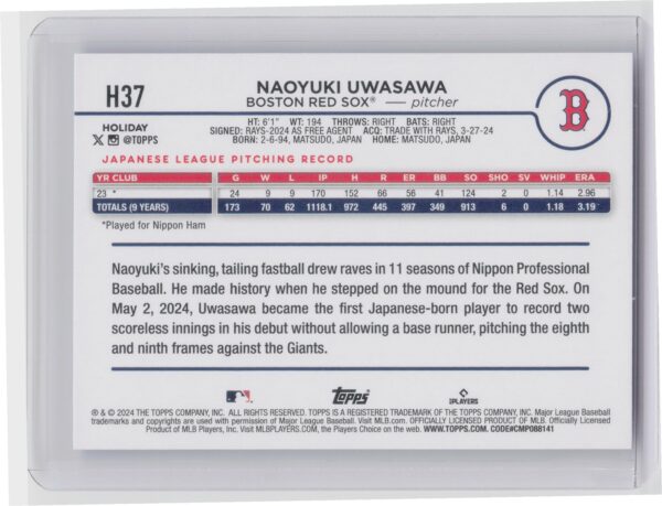 2024 Topps Naoyuki Uwasawa Rookie H37 Red Sox - Image 3