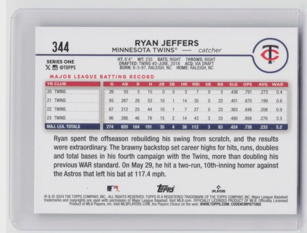 2024 Topps Ryan Jeffers Rainbow Foil #344 Twins - Image 3