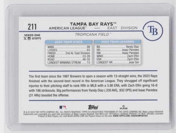 2024 Topps Tampa Bay Rays Holiday #211 Rays - Image 3
