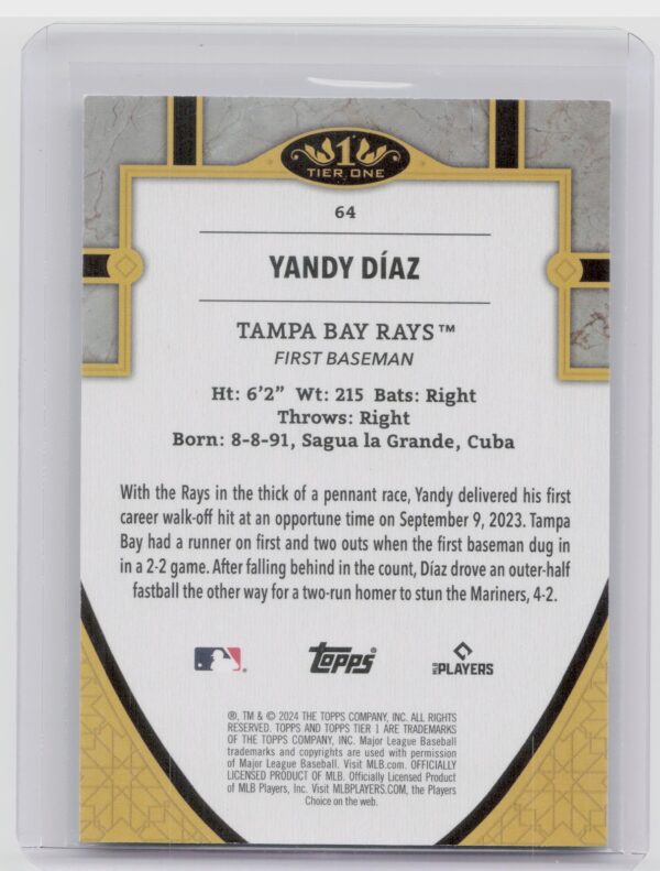 2024 Topps Tier One Yandy Diaz #64 Rays - Image 3