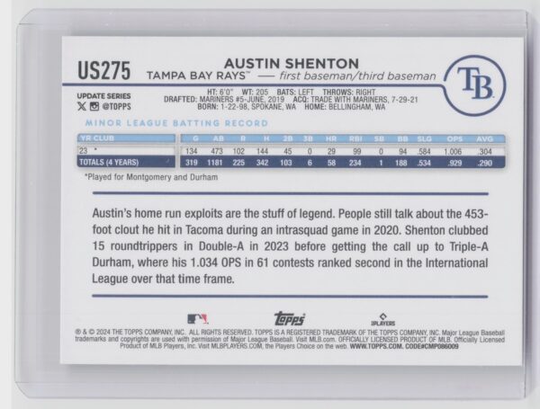2024 Topps Update Austin Shenton RC #US275 Rays - Image 3