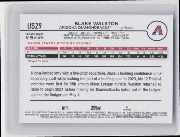 2024 Topps Update Blake Walston RC #US29 Diamondbacks - Image 3