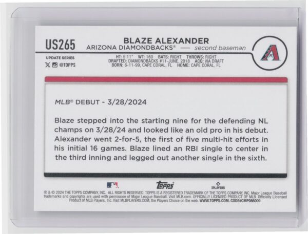 2024 Topps Update Blaze Alexander RC #US265 Diamondbacks - Image 3