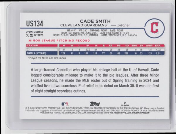 2024 Topps Update Cade Smith RC #US134 Guardians - Image 3