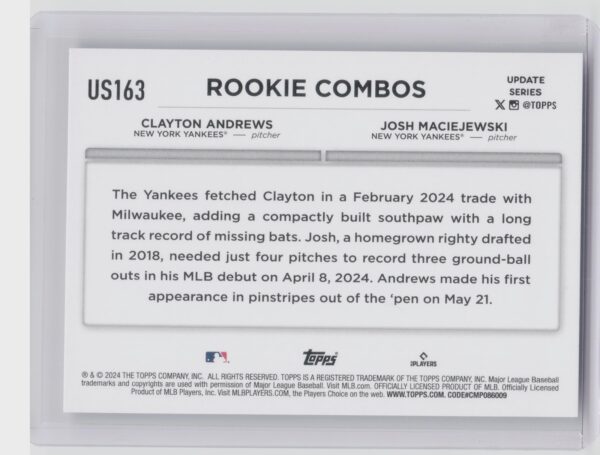 2024 Topps Update Clayton Andrews  / Josh Maciejewski RC #US163 Yankees - Image 3