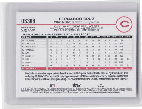 2024 Topps Update Fernando Cruz RC #US308 Reds - Image 3