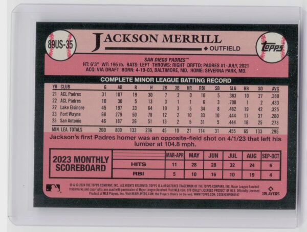 2024 Topps Update Jackson Merrill #89US-35 Padres 1989 Topps Baseball 35th Anniv - Image 3