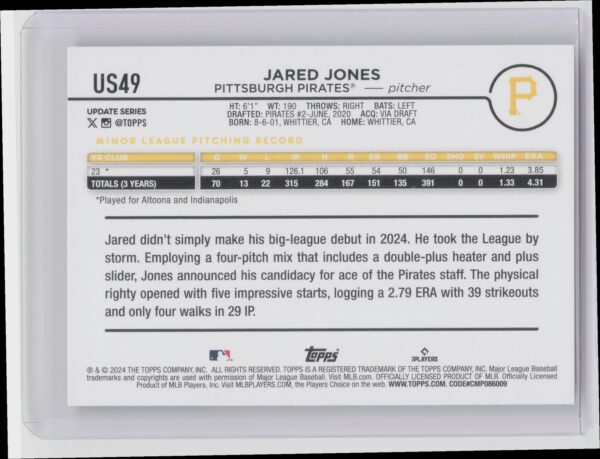 2024 Topps Update Jared Jones RC #US49 Pirates - Image 3
