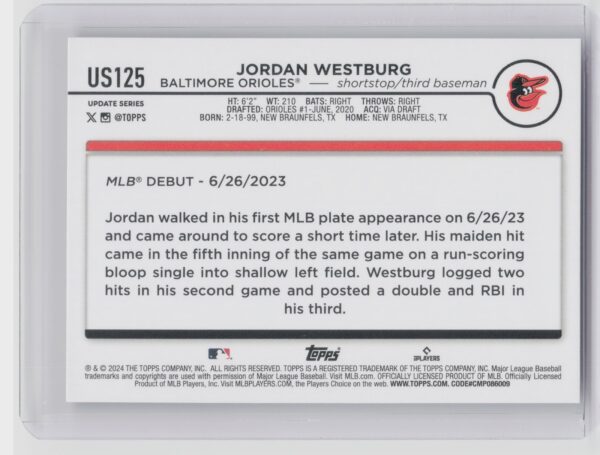 2024 Topps Update Jordan Westburg RC #US125 Orioles - Image 3