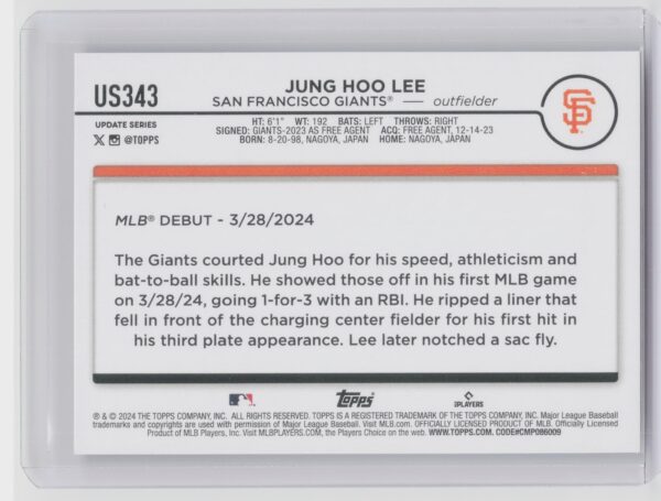 2024 Topps Update Jung Hoo Lee #US343 Giants - Image 3