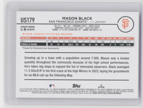 2024 Topps Update Mason Black RC US179 Giants - Image 3
