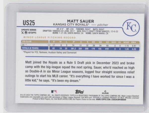 2024 Topps Update Matt Sauer RC #US25 Royals - Image 3