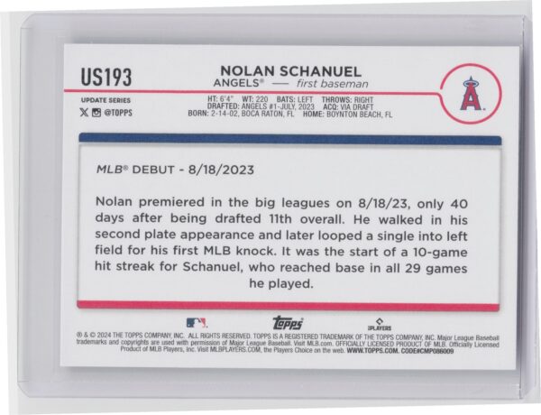 2024 Topps Update Nolan Schanuel #US193 Angels - Image 3