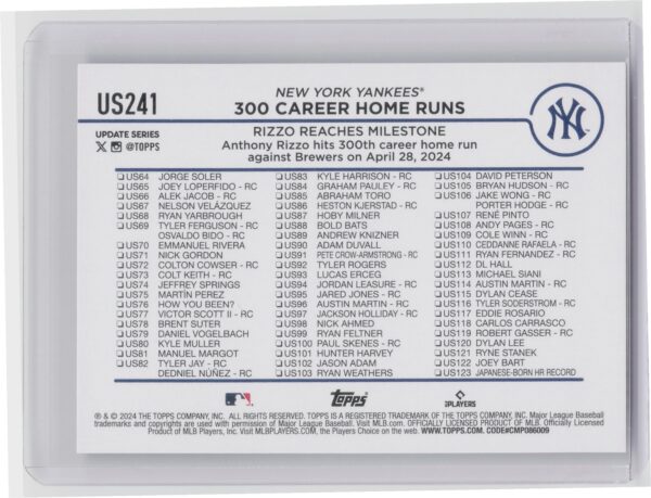 2024 Topps Update Rizzo Reaches Milestone US241 Yankees - Image 3
