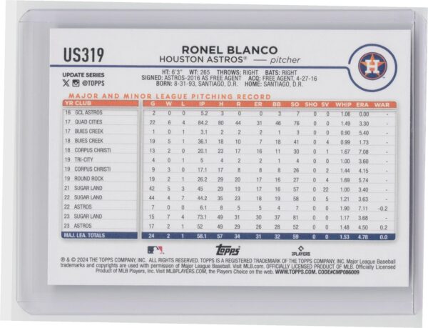2024 Topps Update Ronel Blanco RC #US319 Astros - Image 3