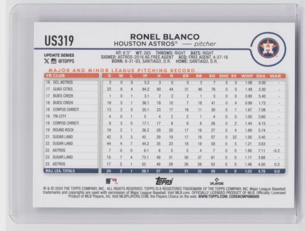 2024 Topps Update Ronel Blanco RC #US319 Astros - Image 3