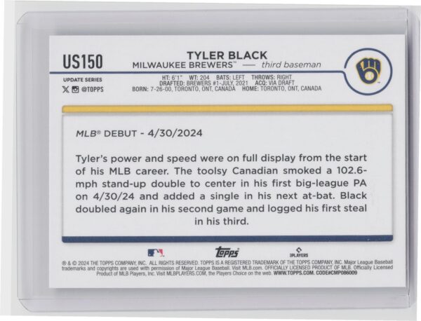 2024 Topps Update Tyler Black RC #US150 Brewers - Image 3