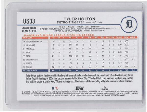 2024 Topps Update Tyler Holton RC #US33 Tigers - Image 3