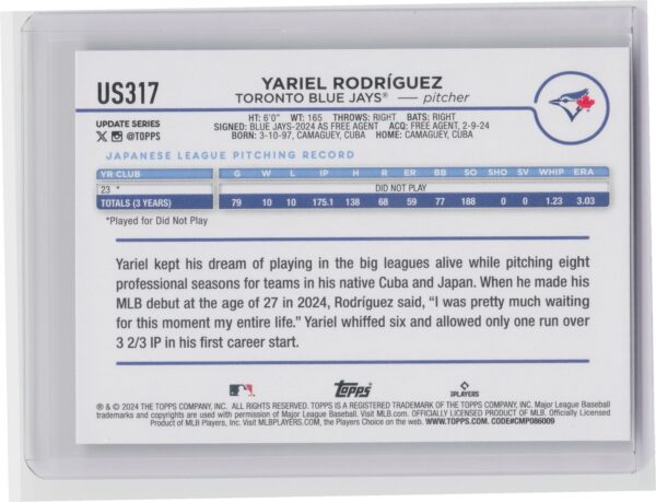 2024 Topps Update Yariel Rodriguez RC #US317 Jays - Image 3