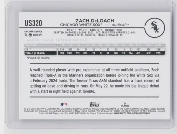 2024 Topps Update Zach DeLoach RC #US320 Sox - Image 3
