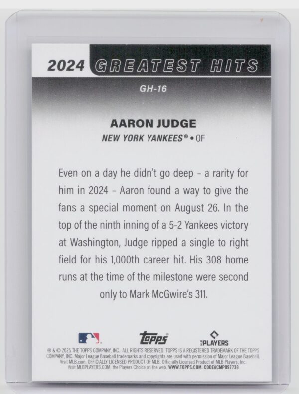 2025 Topps Aaron Judge #GH-16 Yankees 2024 Greatest Hits - Image 3