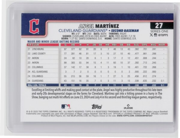 2025 Topps Angel Martinez RC #27 Guardians - Image 3