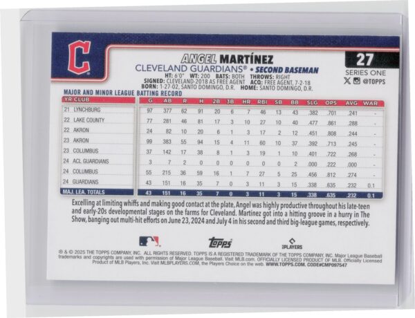 2025 Topps Angel Martinez RC #27 Guardians - Image 3