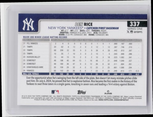 2025 Topps Ben Rice RC #337 Yankees - Image 3